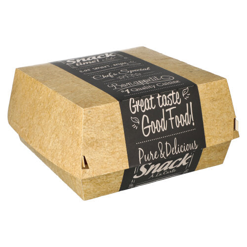 Den PAPSTAR 50 burgerlådor, kartong "pure" "Good Food" från PAPSTAR GmbH är en stängd, miljövänlig hamburgerlåda med brun omslag och vit text: "Great taste, Good Food! Pure & Delicious, Snack La Carte", på vit bakgrund.