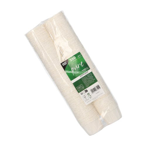 Eine Packung mit 250 PAPSTAR "pure" runden weißen Papier-Dressingbechern von PAPSTAR GmbH, FSC-zertifiziert, nachhaltig in Folie verpackt und mit grün-weißem Produktinfo-Etikett versehen.