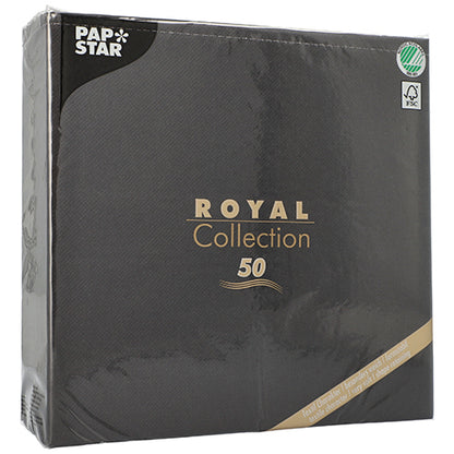 Ett svart paket från PAPSTAR GmbH med texten „ROYAL Collection 50“ (48 x 48 cm, 1/4-vik) visar guld- och vit text, en grön återvinningssymbol i det övre högra hörnet och innehåller 50 högkvalitativa servetter.