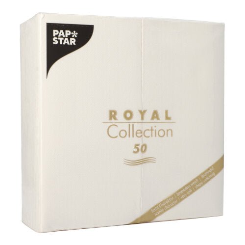 ROYAL Collection från PAPSTAR GmbH innehåller 50 vita pappersservetter (40x40 cm, 1/8-vik) som med sin enkla, eleganta design är idealiska för en stilfullt dukad bord.