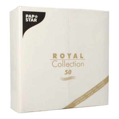 ROYAL Collection från PAPSTAR GmbH innehåller 50 vita pappersservetter (40x40 cm, 1/8-vik) som med sin enkla, eleganta design är idealiska för en stilfullt dukad bord.