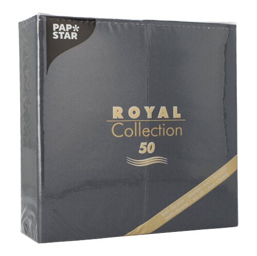 En mörkgrå förpackning från PAPSTAR GmbH med texten "ROYAL Collection 50" och guld-vit text innehåller 50 servetter (1/8-vik, 40x40 cm) för en elegant bordsdekoration, insvept i klar plast.
