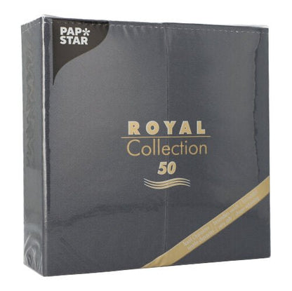 En mörkgrå förpackning från PAPSTAR GmbH med texten "ROYAL Collection 50" och guld-vit text innehåller 50 servetter (1/8-vik, 40x40 cm) för en elegant bordsdekoration, insvept i klar plast.