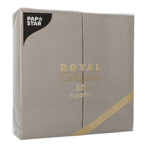 En förseglad förpackning med 50 grå PAPSTAR servetter från "ROYAL Collection", 1/8-vik, 40 x 40 cm – idealisk för elegant dukade bord.