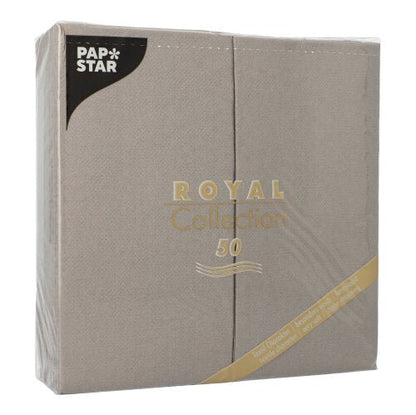 En förseglad förpackning med 50 grå PAPSTAR servetter från "ROYAL Collection", 1/8-vik, 40 x 40 cm – idealisk för elegant dukade bord.