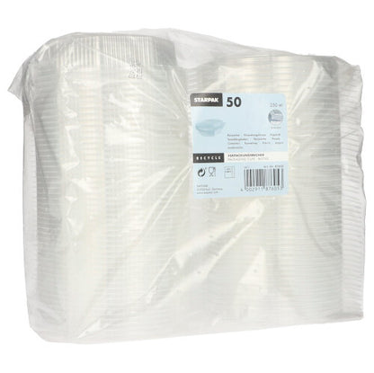 En genomskinlig plastförpackning innehåller 50 Starpak åttakantiga transparenta PP-engångsbägare med gångjärnslock. Etiketten innehåller varumärket Starpak, produktdetaljer och återvinningsinformation på flera språk.