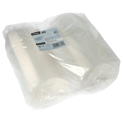 En förseglad plastförpackning med 50 Starpak-förpackningsbägare med gångjärnslock, PP, transparent, åttakantig, varje bägare märkt med mängd- och produktinformation.