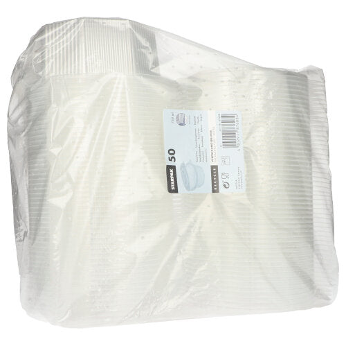En genomskinlig plastförpackning med 50 Starpak-förpackningsbägare med gångjärnslock, åttasidig transparent PP-bägare, har en rektangulär vit etikett med produktinformation och en streckkod.