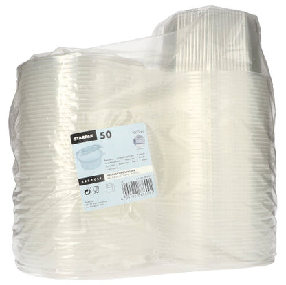 Starpak 50 förpackningsbägare med gångjärnslock är transparenta, åttakantiga engångsbägare av PP, förpackade i en genomskinlig plastbehållare med en etikett med detaljerad produktinformation, mängdangivelser och återvinningsinformation.