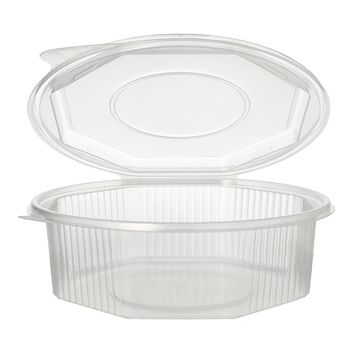 En transparent, åttakantig Starpak förpackningsbägare (1,5 l, 5,9 x 18 x 18 cm) med klafflock kan öppnas och ger en vy över det tomma innehållet. PP-behållaren har vertikala sidribb och en slät, plan botten. Finns tillgänglig som förpackning med 25 stycken med folie.