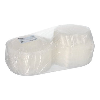 En transparent Starpak polypropylen 1,5L förpackningsbägare (åttakantig, 5,9x18x18cm) innehåller 25 engångsskålar med klafflock och etikett ovanpå.