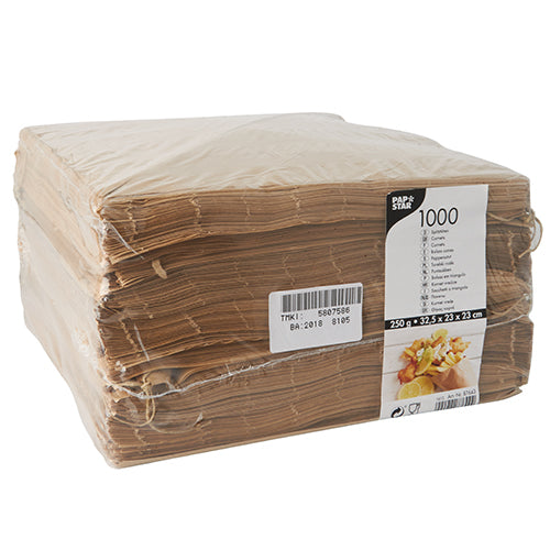 Ett paket med 1000 PAPSTAR spetsiga påsar (pergamentersättning, fettbeständig) från PAPSTAR GmbH - perfekt för gastronomi eller pommes frites förpackning, insvept i klar plast med vit informationsetikett.