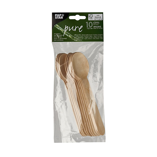 I en genomskinlig förpackning finns 10 kaffeskedar av trä "pure" från PAPSTAR GmbH med en grön-vit etikett med texten "Pure" och "10 skedar, trä" samt varumärkesinformation.