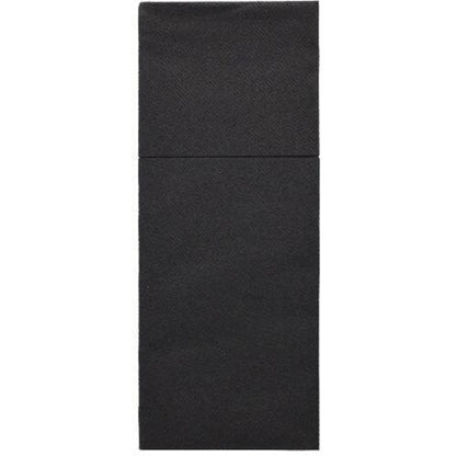 Starpak 100 bestickfickor, Airlaid 40x48 cm med bestickveck, kännetecknas av en elegant svart rektangulär design med en diskret horisontell indelning och en strukturerad Airlaid-yta som påminner om elegant bordsdekoration.
