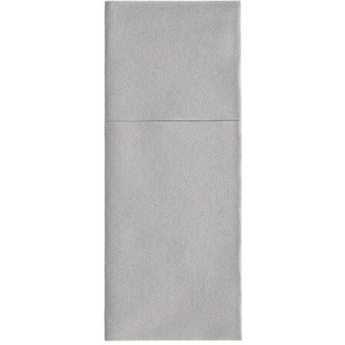 Starpak 100 bestickfickor, Airlaid 40 cm x 48 cm med bestickveck, är ljusgrå, till tredjedelar vikta rektangulära servetter med en övre vikning – idealiska för elegant bordsdekoration eller som stiliga bestickfickor.