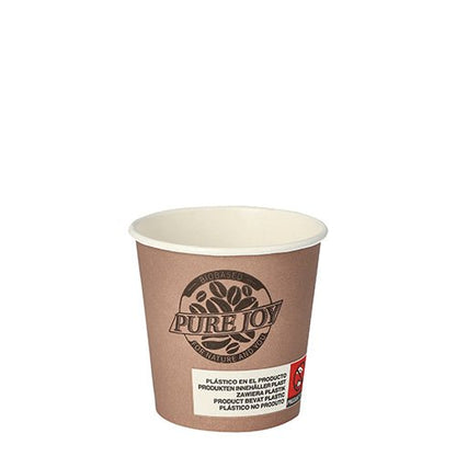 Den PAPSTAR 80 dryckesbägaren av papper från PAPSTAR GmbH är brun, biologiskt nedbrytbar, miljövänlig och visar "PURE JOY" med bladdesign framtill. En flerspråkig etikett med röd varningssymbol finns nära bägarebotten.