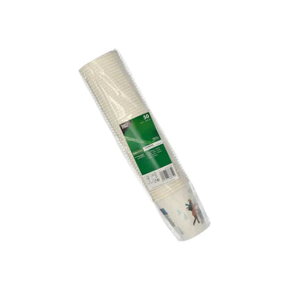 En plastförpackad stapel av 50 vita PAPSTAR 0,2l engångspappersmuggar från PAPSTAR GmbH, delvis med litet tryck - idealisk som praktiska partymuggar eller för evenemang.