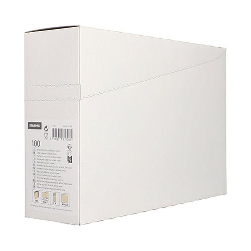 En Starpak 100 bestickfickor-låda (Airlaid 40 cm x 33 cm med bestickvikning) är avbildad snett och har en produktetikett och en perforerad topp för enkel öppning – idealisk för användning i restauranger.