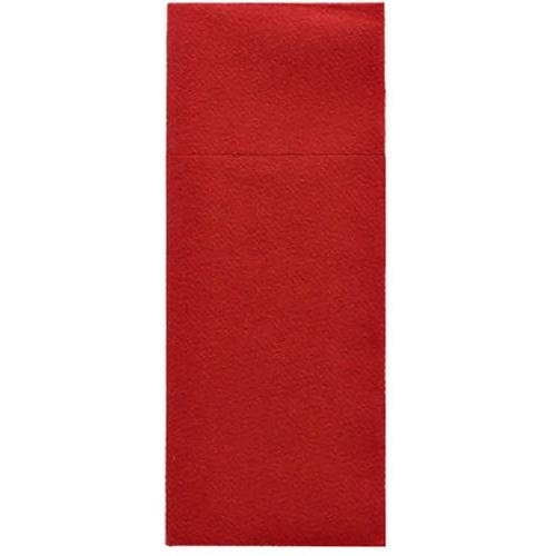 Starpak 100 bestickfickor är röda, strukturerade Airlaid-pappersservetter (40 x 33 cm) med horisontell vikning, perfekt för bestickfickor i restauranger.