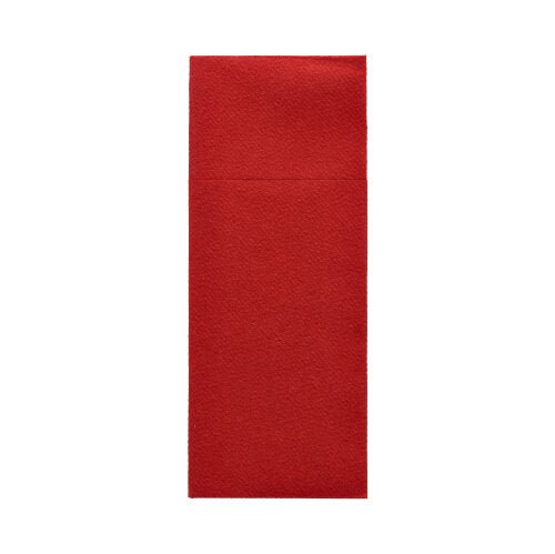 Avbildad är ett Starpak 100 bestickfickor Airlaid-kuvert (40 x 33 cm, med bestickvikning) i enkel röd, rektangulär form på vit bakgrund. Fliken är inte synlig.