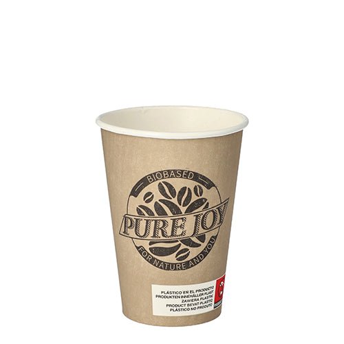 Den PAPSTAR 80 dryckesbägaren, papper "Pure Freude" från PAPSTAR GmbH är en brun, biologiskt nedbrytbar pappersbägare med "Biobased for nature and you", vit etikett, röd symbol och modern design – idealisk för miljömedvetet njutande.