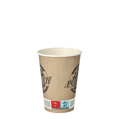 En PAPSTAR 80 dryckesbägare från "Pure Joy"-serien av PAPSTAR GmbH står upprätt mot vit bakgrund; dess moderna, miljövänliga design visar logotryck, vit insida och symboler för biologisk nedbrytbarhet vid bägarkanten.