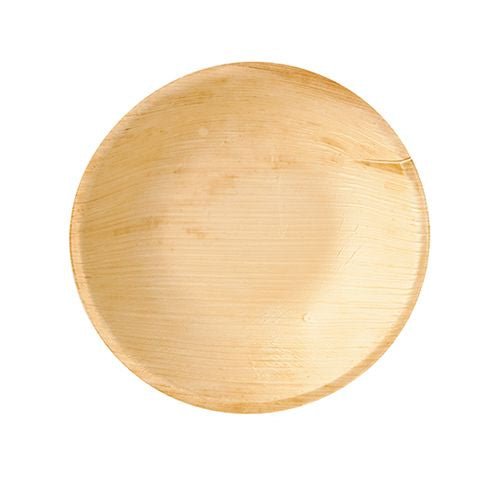 En rund, ljusbrun PAPSTAR palmbladsskål "pure", 17,5 cm, av miljövänligt material - perfekt som hållbart engångsservis som dessa komposterbara skålar från PAPSTAR GmbH i kartong (25 stycken).