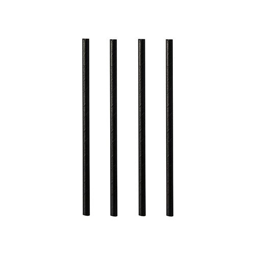 Fyra svarta PAPSTAR papperscocktailstrån (7 mm x 10 cm) från PAPSTAR GmbH står upprätt i rad framför en vit bakgrund.
