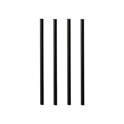 Fyra svarta PAPSTAR papperscocktailstrån (7 mm x 10 cm) från PAPSTAR GmbH står upprätt i rad framför en vit bakgrund.