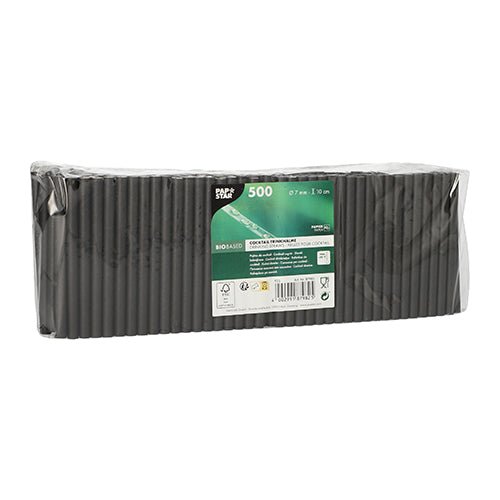 500 PAPSTAR cocktaildrickrör av papper (7 mm, 10 cm, svart) förpackade i klar plastfolie från PAPSTAR GmbH. Sugrör av biobaserat papper, prydligt staplade, är idealiska för cocktails och evenemang. Grön och vit etikett på framsidan.