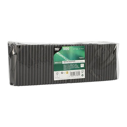 500 PAPSTAR cocktaildrickrör av papper (7 mm, 10 cm, svart) förpackade i klar plastfolie från PAPSTAR GmbH. Sugrör av biobaserat papper, prydligt staplade, är idealiska för cocktails och evenemang. Grön och vit etikett på framsidan.