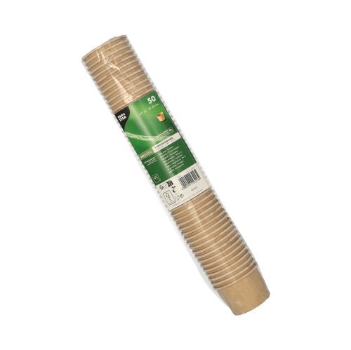 En förseglad stapel av 50 PAPSTAR portionsbägare av brunt papper från PAPSTAR GmbH är innesluten i plast och försedd med en grön-vit etikett. De återvinningsbara engångsbägarna är cylindriska på vit underlag.