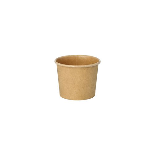 En PAPSTAR portionsbägare av brunt, återvinningsbart papper från PAPSTAR GmbH står centrerad på vit bakgrund. Den miljövänliga designen är enkel och slät, utan varumärkestryck eller dekor.