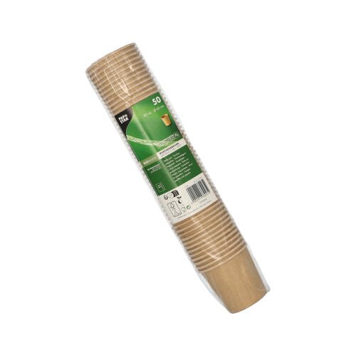 En plastförpackad förpackning med 50 PAPSTAR portionsbägare av brunt papper, återvinningsbart. Från PAPSTAR GmbH, med grön-vit etikett med produktinformation och streckkod. De staplade bägare är idealiska för restaurangapplikationer.