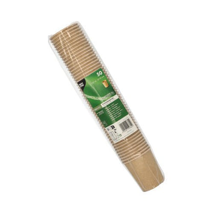 En plastförpackad förpackning med 50 PAPSTAR portionsbägare av brunt papper (PAPSTAR GmbH), med grön etikett, streckkod och produktinformation. De återvinningsbara bägarna är staplade – idealiska för restaurangbranschen.