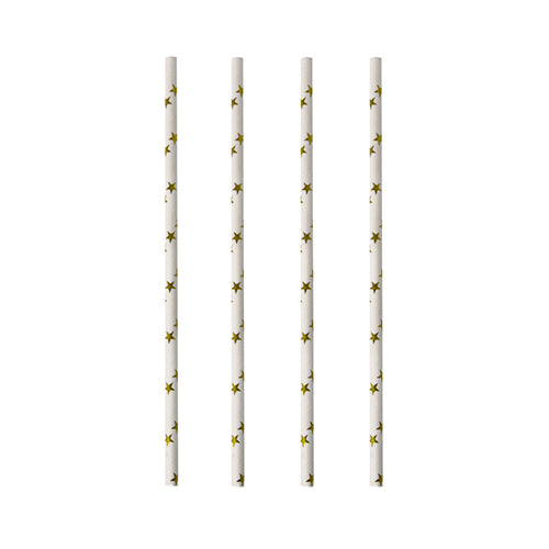 Fyra PAPSTAR papperssugrör (svart/vit "Stripes", Ø 6 mm, 20 cm) är vertikalt och jämnt placerade på en vit bakgrund. De miljövänliga sugrören från PAPSTAR GmbH är biologiskt nedbrytbara.