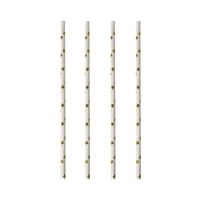 Fyra PAPSTAR papperssugrör (svart/vit "Stripes", Ø 6 mm, 20 cm) är vertikalt och jämnt placerade på en vit bakgrund. De miljövänliga sugrören från PAPSTAR GmbH är biologiskt nedbrytbara.