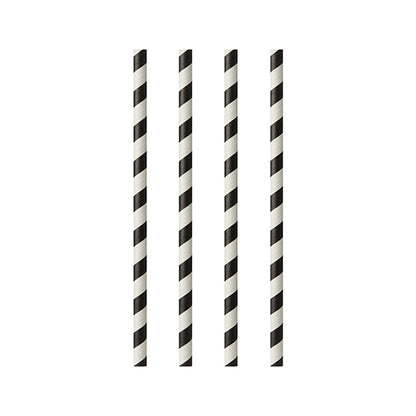 Fyra PAPSTAR GmbH papperssugrör, från setet "25 sugrör, Ø 6 mm · 20 cm svart/vit rand", är vertikalt och jämnt placerade på en vit bakgrund med randmönster.