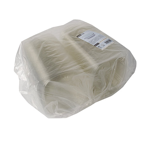 En stor stapel Starpak 50 delikatess- och salladsskålar med gångjärnslock, R-PET klarglas oval, förpackad i klar plastfolie med en vit etikett ovanpå.