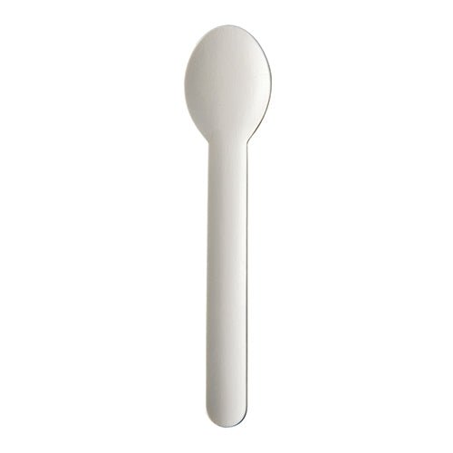 Den PAPSTAR GmbH skeden av papper "pure", 15,5 cm, vit, i 100-pack kartong är en miljövänlig engångssked med platt handtag och rundad skål - idealisk för miljömedvetna användare.
