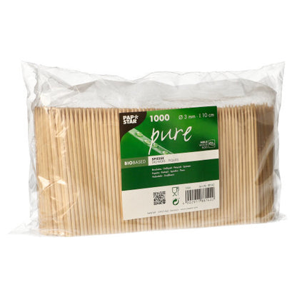 1.000 stycken PAPSTAR fingerfood-spett trä "pure" (Ø 3 mm, 10 cm) från PAPSTAR GmbH av klar plast med grön-vit etikett, idealiskt för gastronomi.