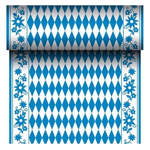 Den PAPSTAR bordsduk Airlaid "Bayersk Blå" (24 m x 40 cm) från PAPSTAR GmbH är en tyg-liknande bordsduk med blåvitt diamantmönster och blå blomsterkant. Rullen visar sitt återkommande bayerska mönster när den rullas ut.