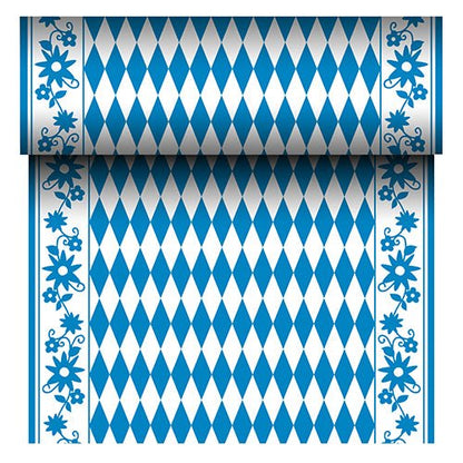 Den PAPSTAR bordsduk Airlaid "Bayersk Blå" (24 m x 40 cm) från PAPSTAR GmbH är en tyg-liknande bordsduk med blåvitt diamantmönster och blå blomsterkant. Rullen visar sitt återkommande bayerska mönster när den rullas ut.