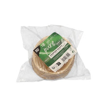 I en klar plastförpackning finns 12 runda „PAPSTAR 12 fingerfood-skålar, bambu ‚pure‘“ från PAPSTAR GmbH – hållbara, miljövänliga engångsskålar av bambu med grön-svart etikett, idealiska för varje tillfälle.