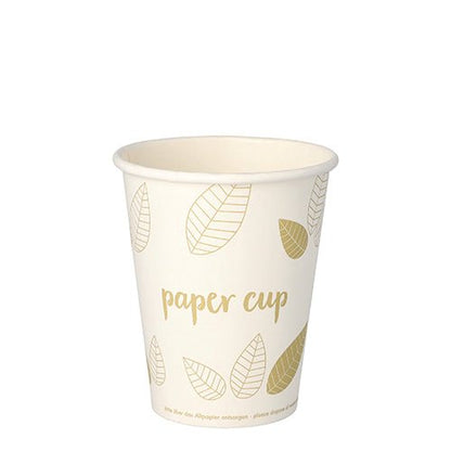 En PAPSTAR GmbH 50 drickmuggar, papp "pure" "ZERO", vit med guldbladmönster och "paper cup"-tryck, av hållbara material, står upprätt mot en vit bakgrund.