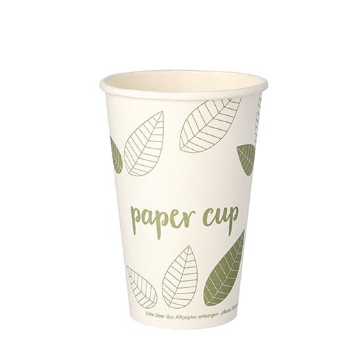 En PAPSTAR 50 drickmuggar, papp "pure" "ZERO"-pappmugg från PAPSTAR GmbH är avbildad på en enkel vit bakgrund med grönt bladdesign och texten "Paper Cup" och tillverkad av hållbara material.