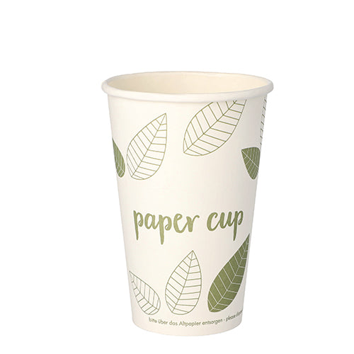 Ein PAPSTAR 50 Trinkbecher, Pappe „pure“ „ZERO“-Pappbecher der PAPSTAR GmbH ist auf einem schlichten weißen Hintergrund mit grünem Blattdesign und dem Text „Paper Cup“ abgebildet und aus nachhaltigen Materialien hergestellt.