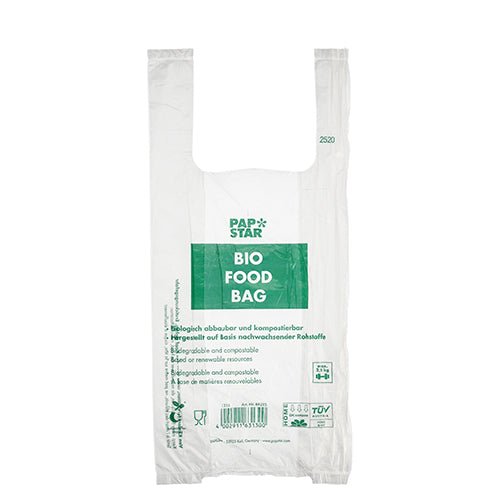 Den transparenta PAPSTAR knutpåsen på rulle (47x22 cm, 150 stycken) från PAPSTAR GmbH är gjord av biologiskt nedbrytbar bioplast och har en banderoll med produktinformation på flera språk.