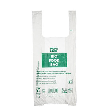 Den transparenta PAPSTAR knutpåsen på rulle (47x22 cm, 150 stycken) från PAPSTAR GmbH är gjord av biologiskt nedbrytbar bioplast och har en banderoll med produktinformation på flera språk.