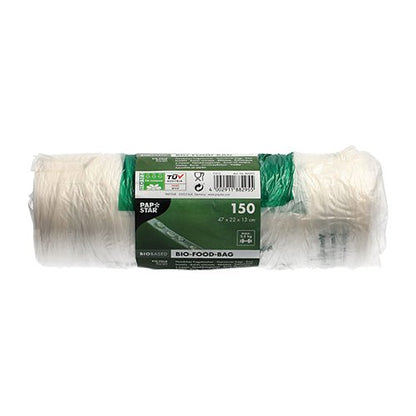 En rulle med 150 PAPSTAR knutpåsar (47x22 cm) av transparent bioplast från PAPSTAR GmbH visar en grön-vit banderoll med produktinformation och symboler, som visas oanvänd på vit bakgrund.